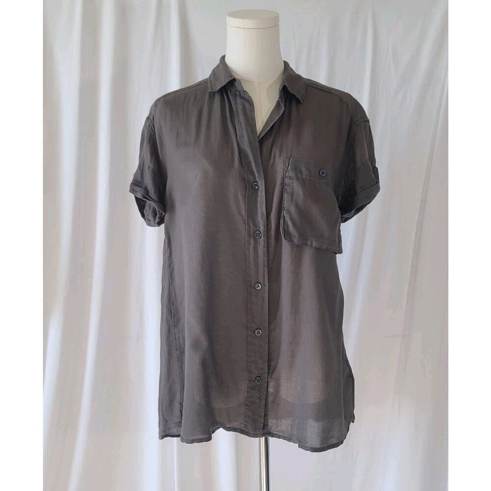 James Perse Womens Gray Semi Sheer Short Sleeve Blouse Top US 2